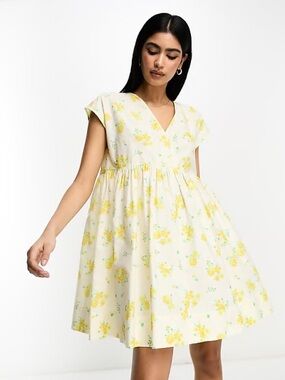 ASOS Cotton Cream Dress with Yellow Floral Print
